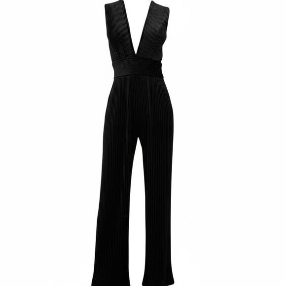 Balmain Black Pleated Velvet Sleeveless Jumpsuit size FR 38 Plunging V Wide-leg - Picture 13 of 16